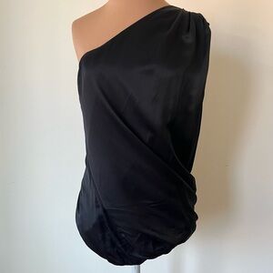 Ports 1961 Silk Black One Shoulder Asymmetrical Ruched Tucked Blouse Top EUC 6